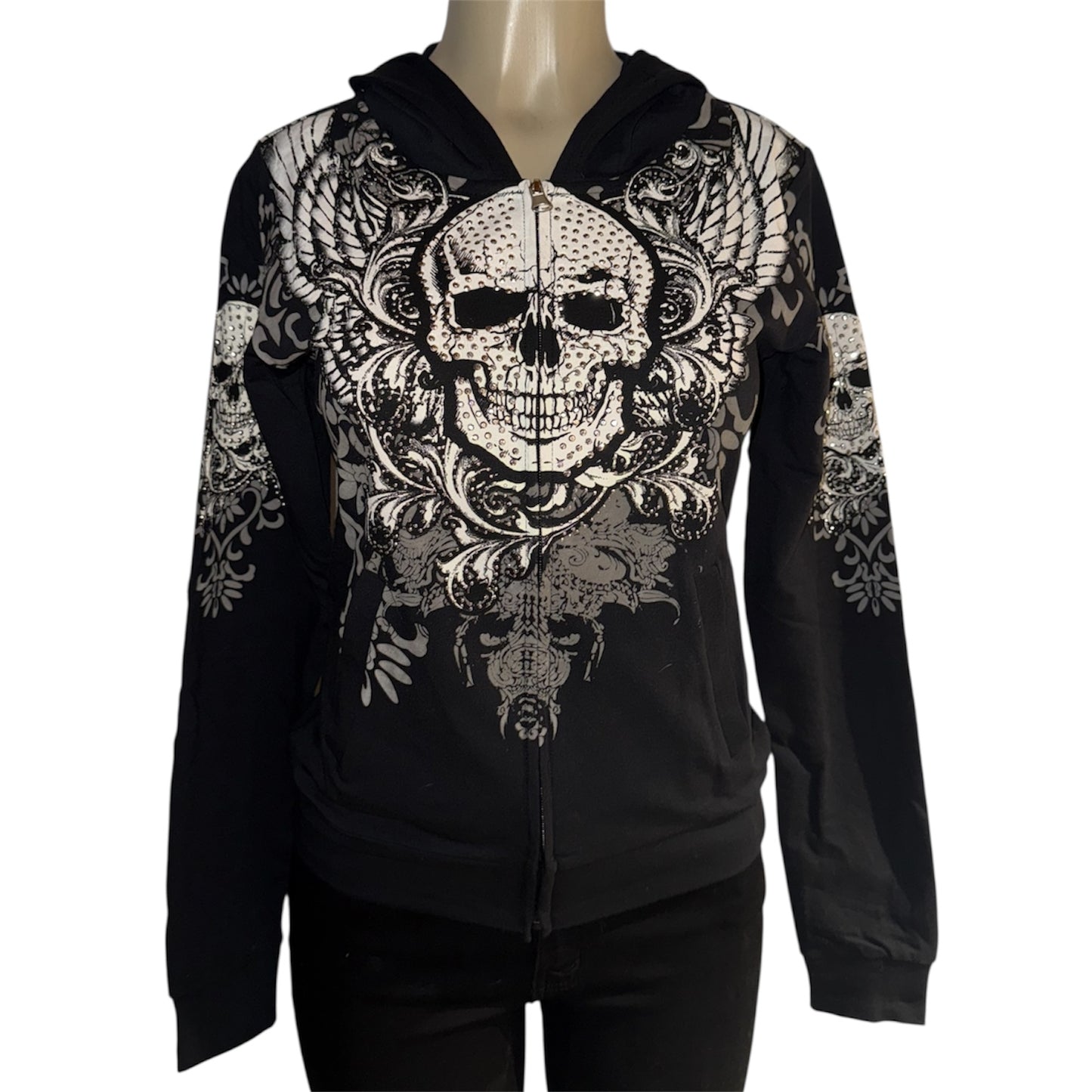 Skull Zip Up Rhinestone Hoodie