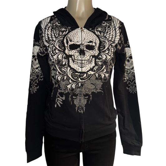 Skull Zip Up Rhinestone Hoodie