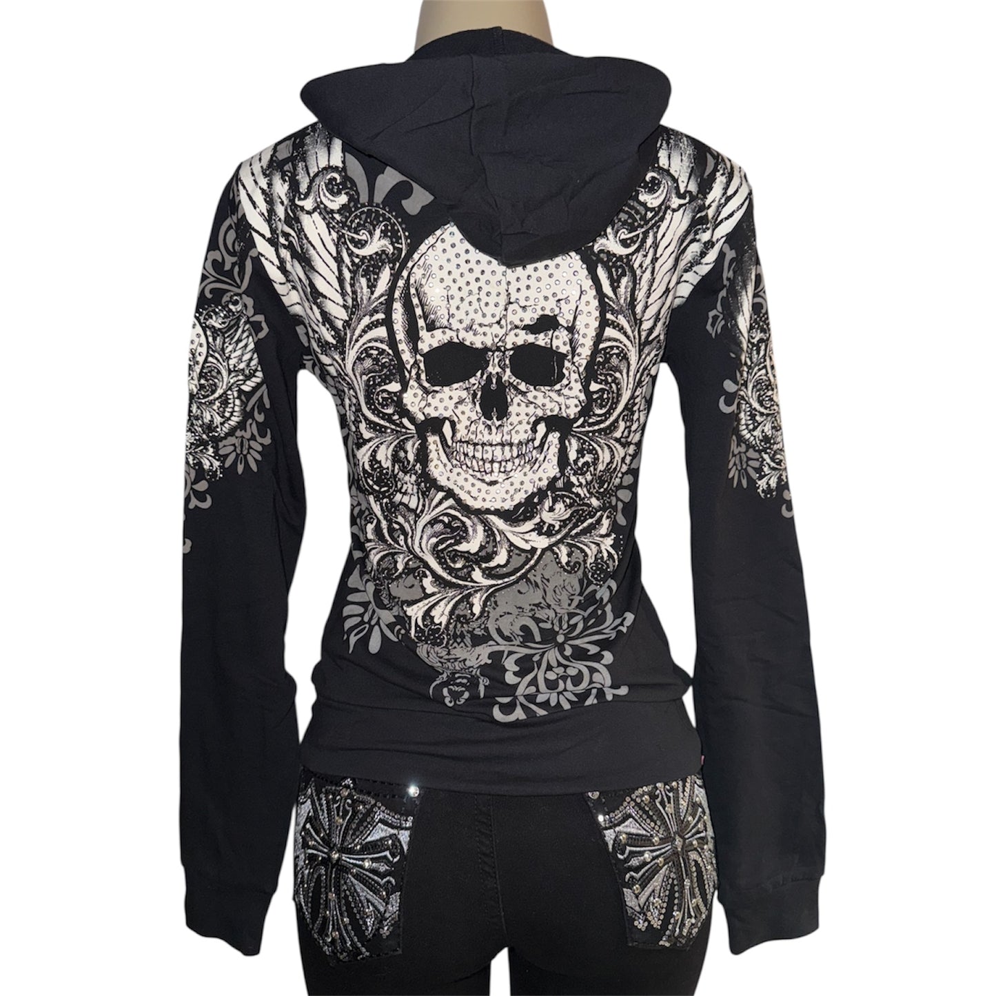 Skull Zip Up Rhinestone Hoodie