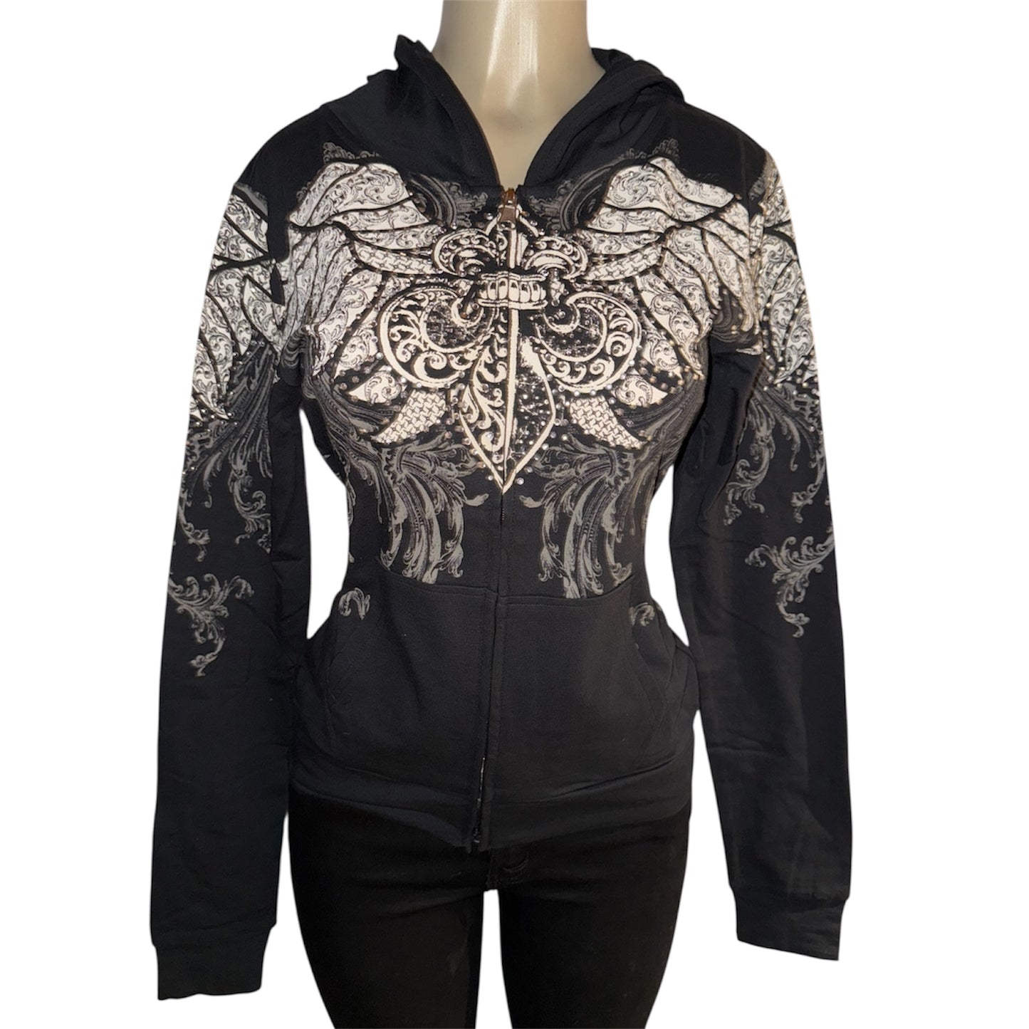 Fleur De Lis Zip Up Rhinestone Hoodie
