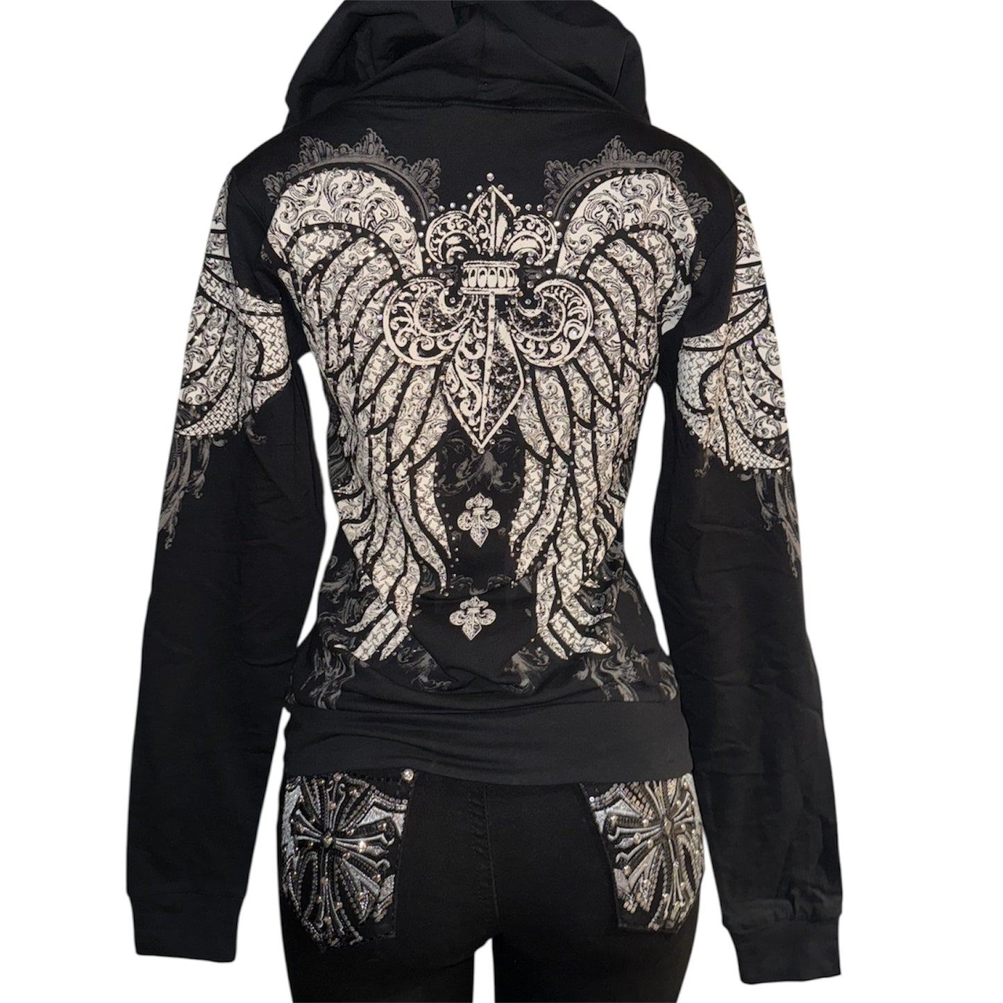 Fleur De Lis Zip Up Rhinestone Hoodie