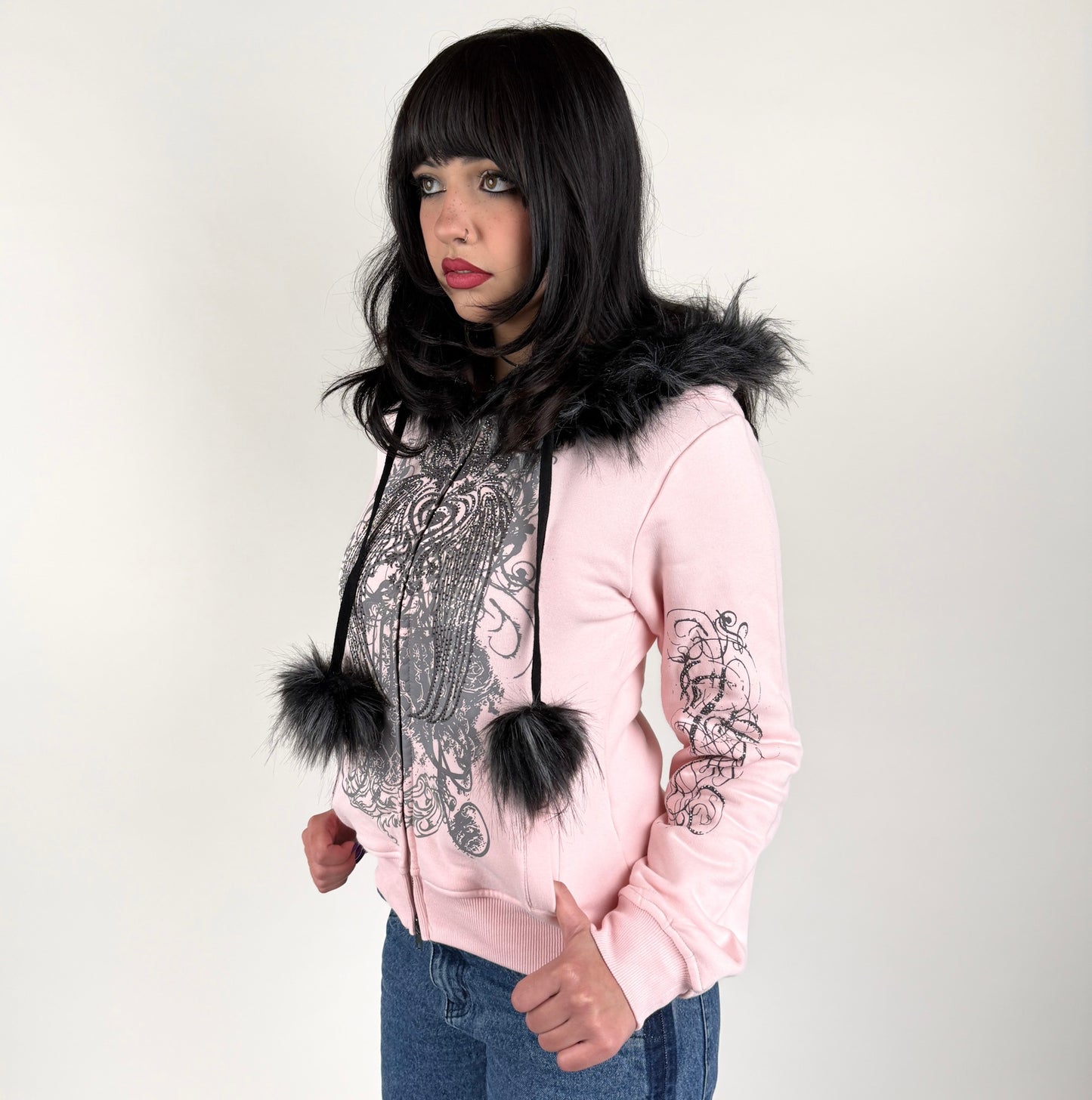 Stella Rhinestone Zip Up Fur Hoodie