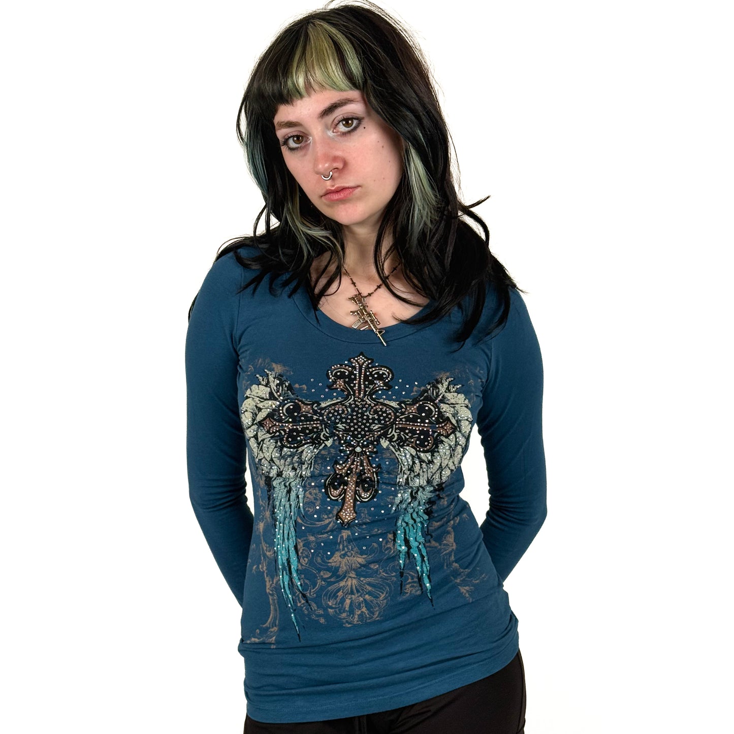 Angela Rhinestone Long Sleeve Teal