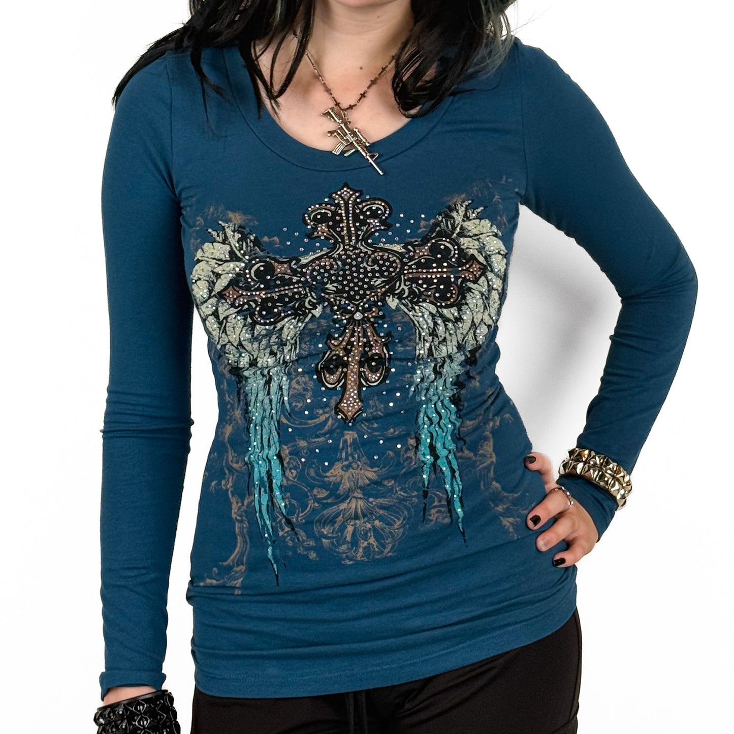 Angela Rhinestone Long Sleeve Teal