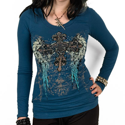 Angela Rhinestone Long Sleeve Teal