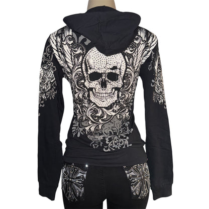 Skull Zip Up Rhinestone Hoodie