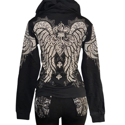 Fleur De Lis Zip Up Rhinestone Hoodie