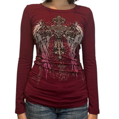 Angela Rhinestone Long Sleeve Burgundy