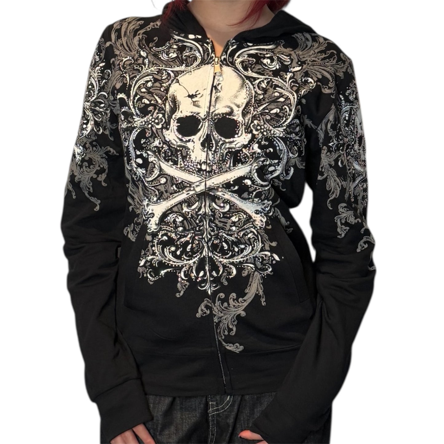 Skull Rhinestone Zip Up Hoodie
